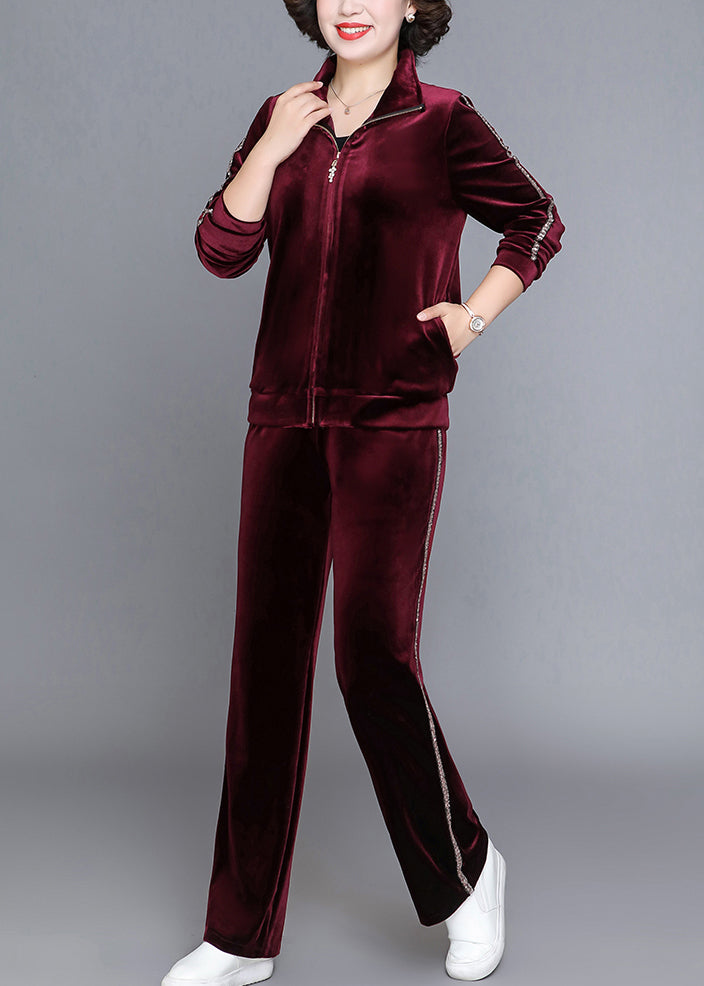 Handmade Wine Red Stand Collar Zippered Silk Velour Coats and Straight Pants Two Piece Set Fall