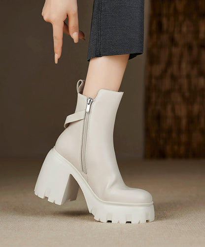 Black Zippered Splicing Cowhide Leather Chunky Heel Boots