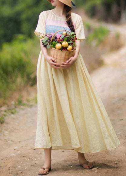 Yellow Tunic Dress O Neck Patchwork Traveling Summer Dresses