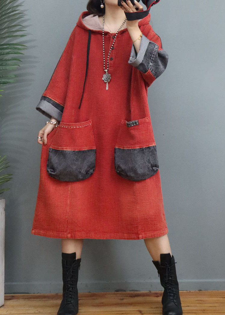 Orange Red Drawstring Button Patchwork Dress Spring