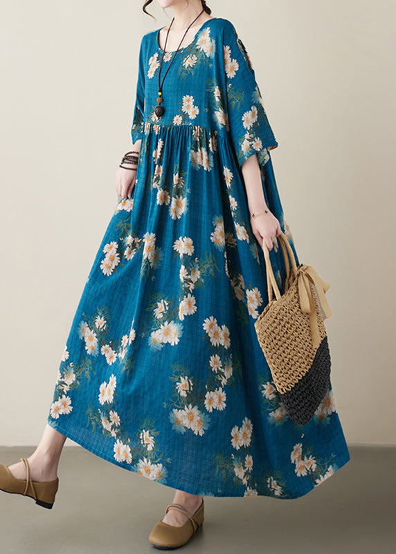 Classy Navy O-neck Patchwork Wrinkled Party Maxi Dress Summer