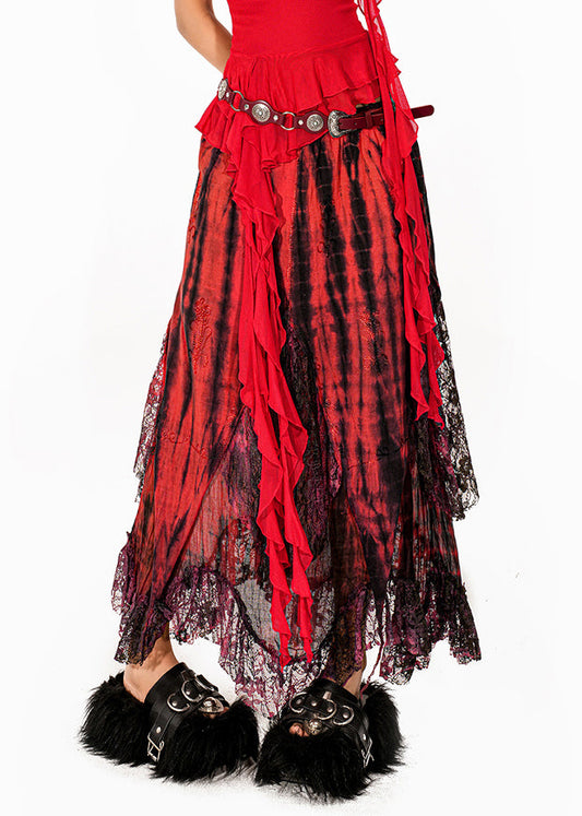 Red Tie Dye High Waist Lace Maxi Skirts Summer