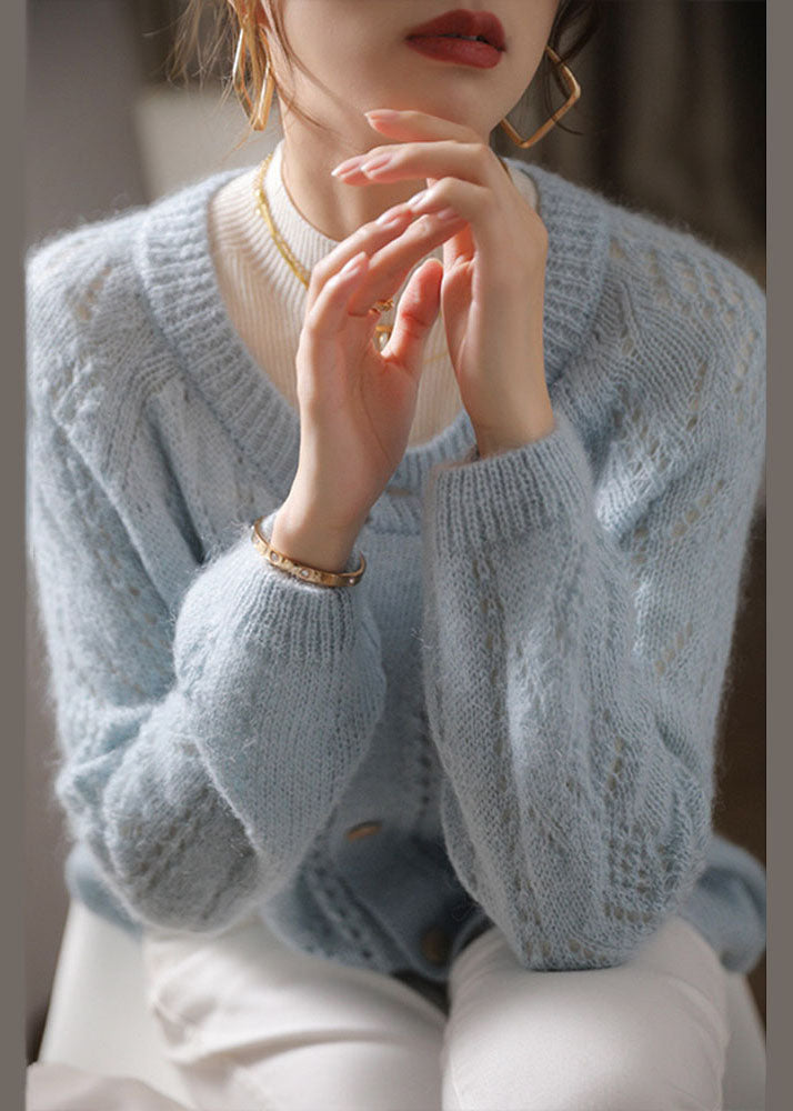 Light Blue O-neck Hollow Out Ma Hai Mao Knit Cardigan Spring
