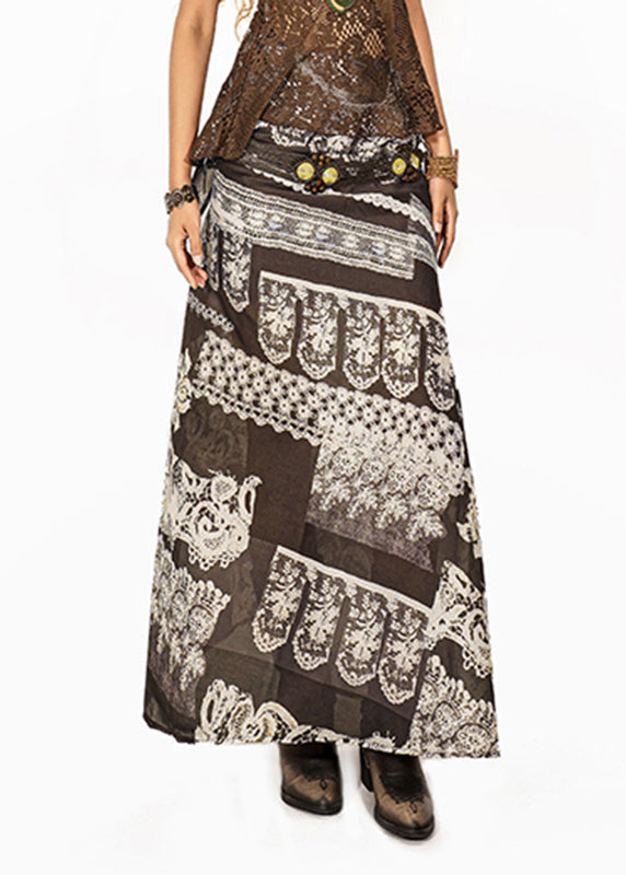 Boutique Coffee Print Patchwork a Line Skirt Summer