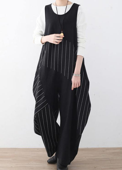 Spring Summer Cotton Hemp Oversized Asymmetric Striped Jumpsuit
