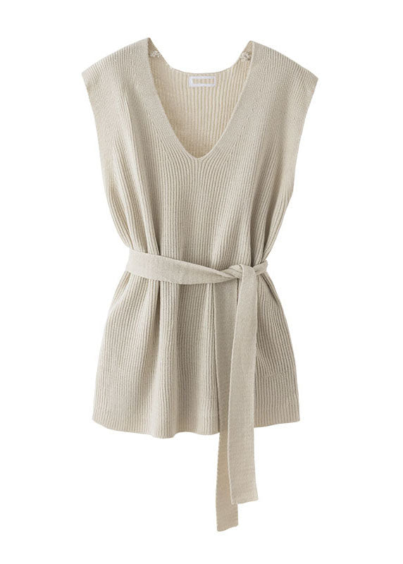 Apricot V Neck Cinched Knit Vest Sleeveless