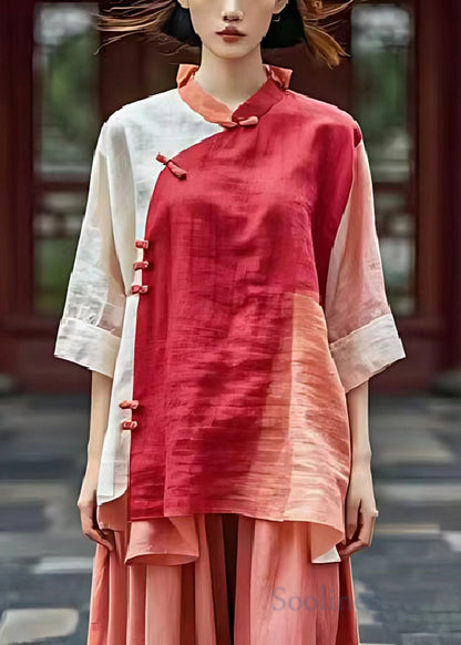 Red Mandarin Collar Patchwork Linen Shirts Summer