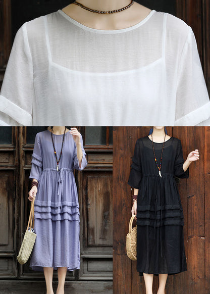 Black O-neck Drawstring Cotton Long Dress Two Pieces Set Summer