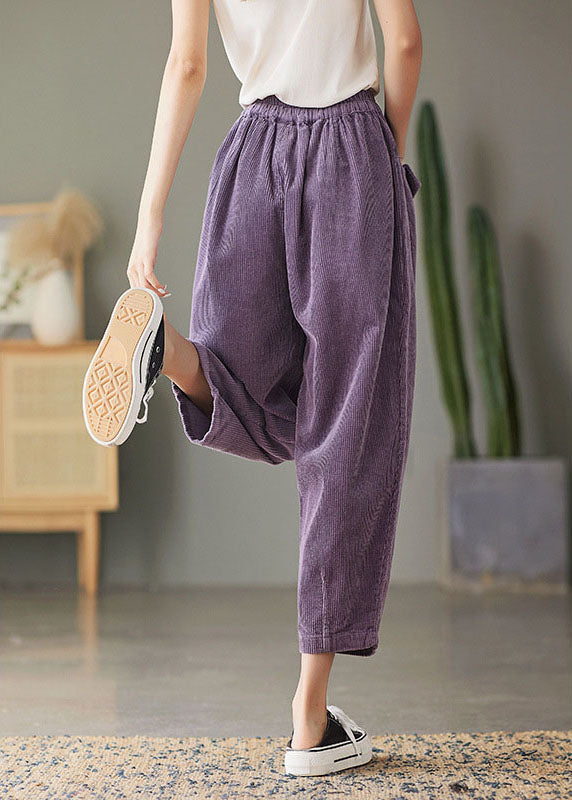 Natural Purple Retro Pockets Corduroy Fall Pants