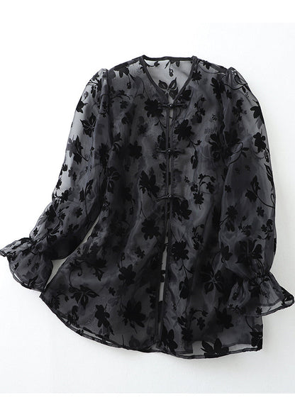 Loose Grey Print Chinese Button Tulle Upf 50+ Tops Summer