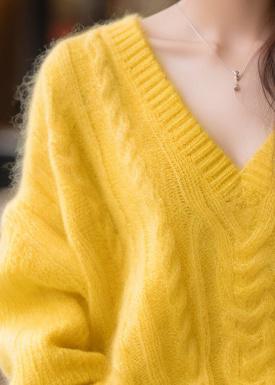 Yellow V Neck Cotton Knit Sweaters Winter