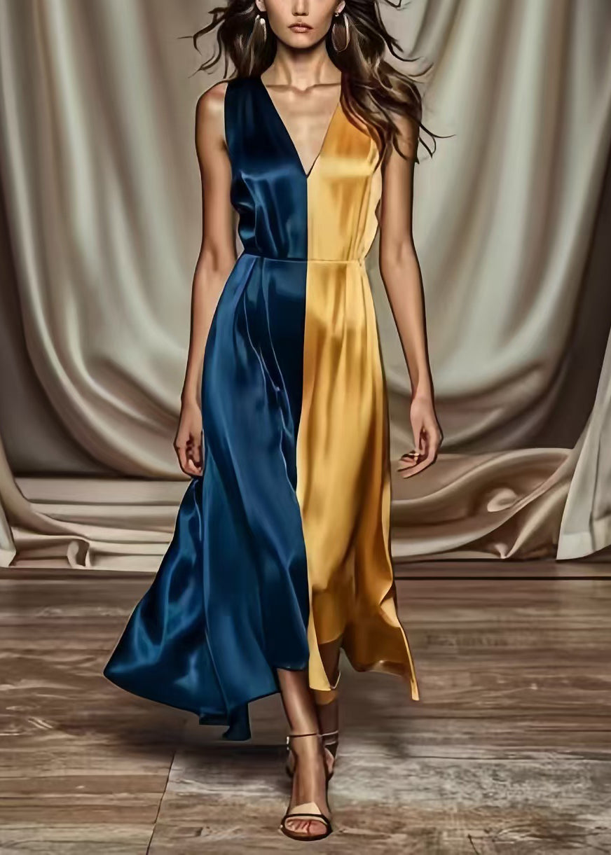 Colorblock Asymmetrical Patchwork Draping Silk Long Dress Summer