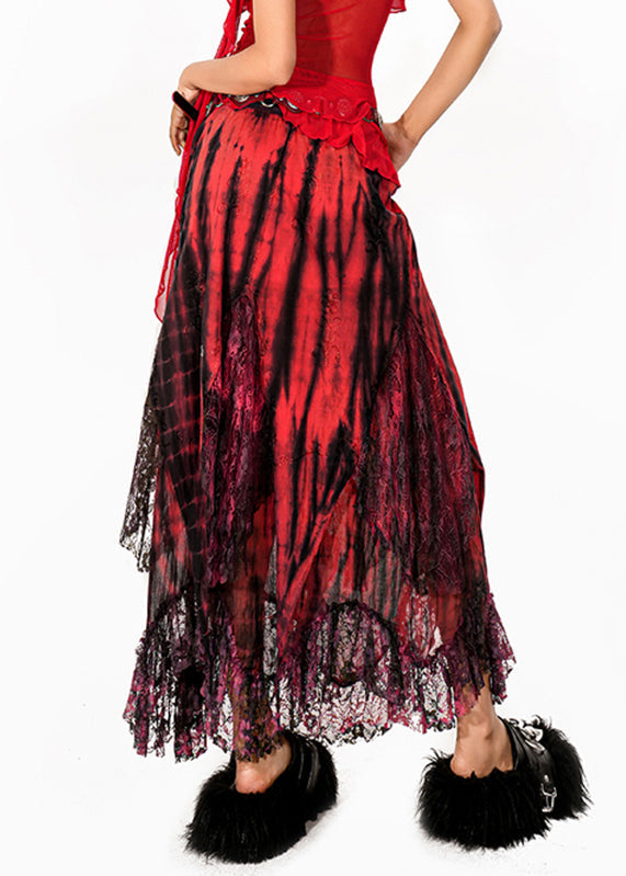 Red Tie Dye High Waist Lace Maxi Skirts Summer
