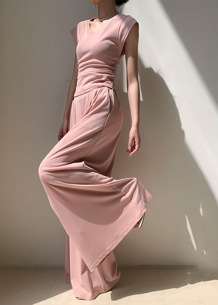 Pink Pockets Elastic Waist Cotton Wide Leg Pants Summer