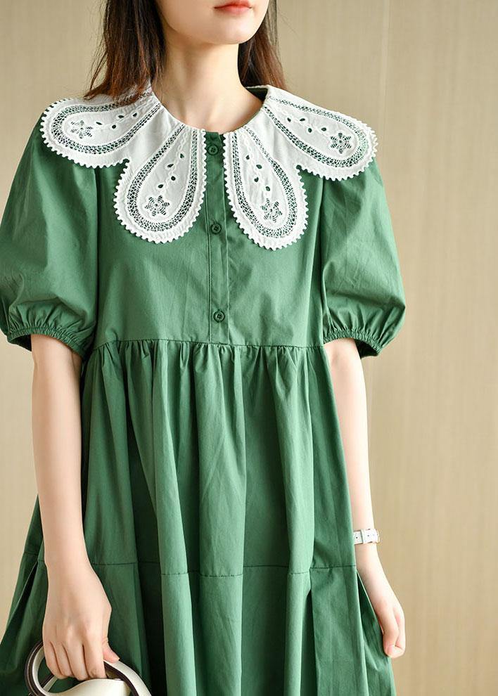 Art Tea Green Lantern Sleeve Button Summer Cotton Vacation Dresses