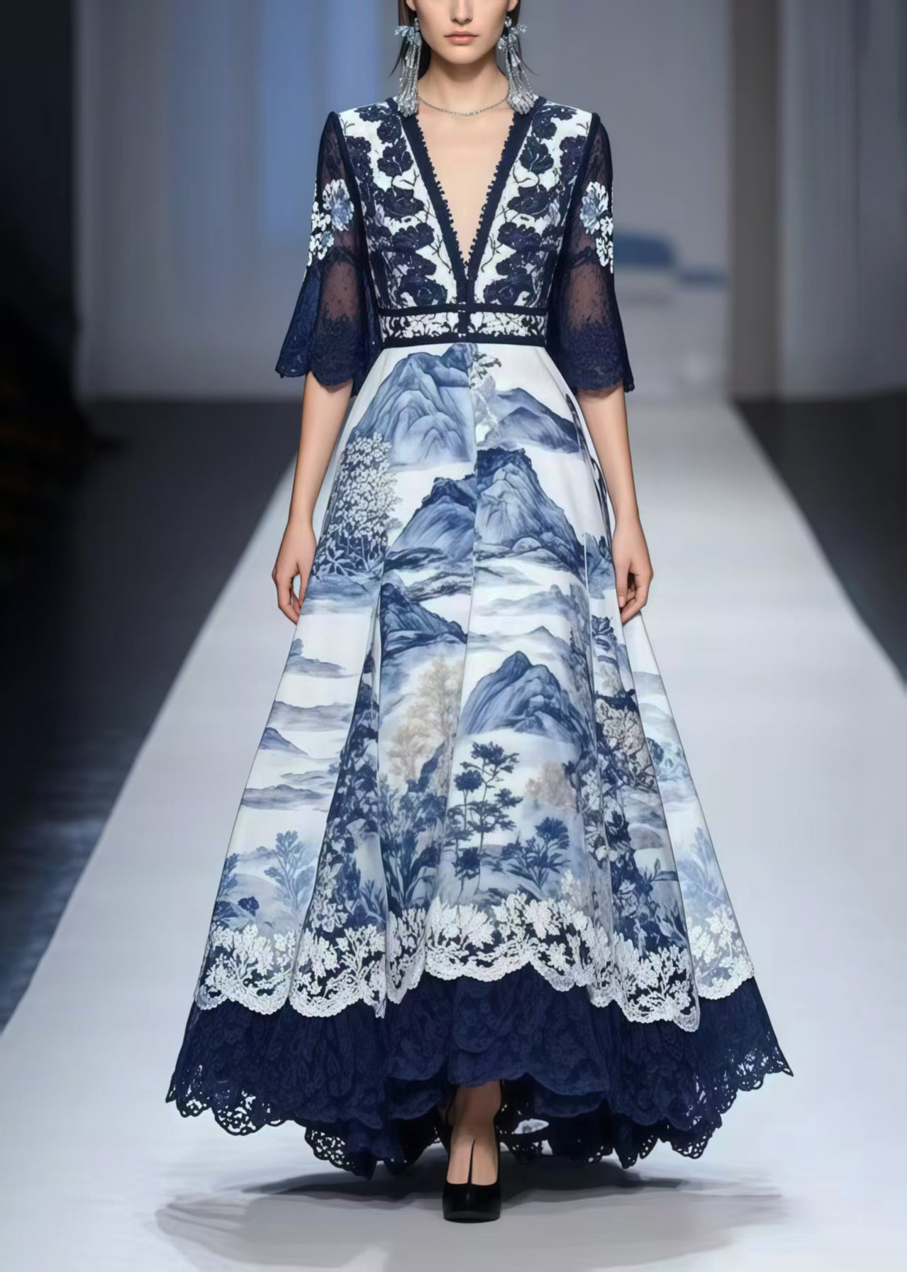 Navy Print Exra Large Hem Chiffon Vestidos Dress Summer