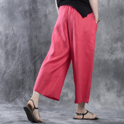Natural Red Pockets Fall Wide Leg Linen Pants