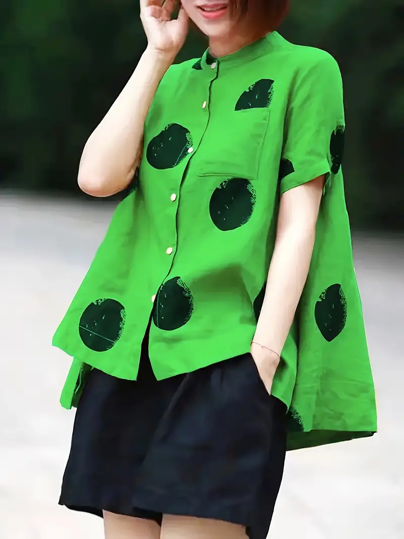Blue Dot Print Patchwork Linen Top Button Stand Collar Summer