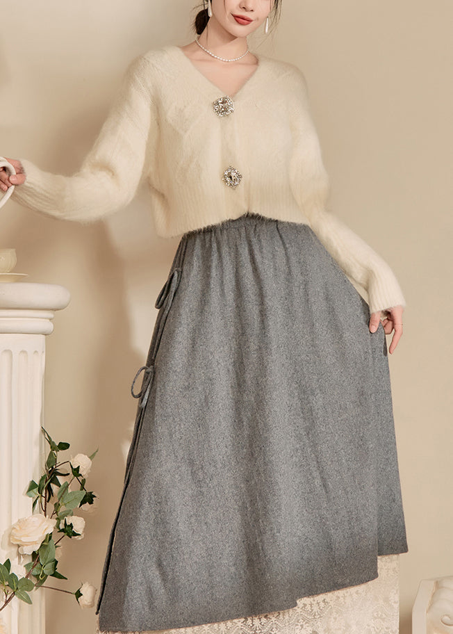 White V Neck Woolen Short Cardigans Fall