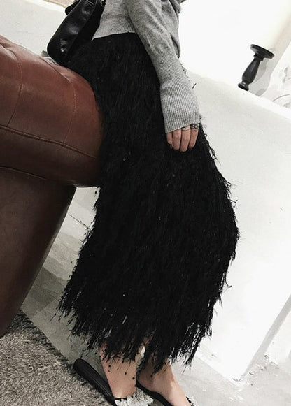 Black Feather Knit Fall Skirts High Waist