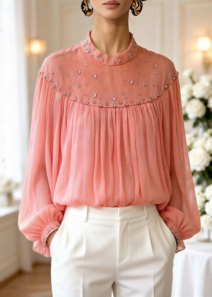 Loose Orange Zircon Wrinkled Tulle Blouses Top Lantern Sleeve Spring