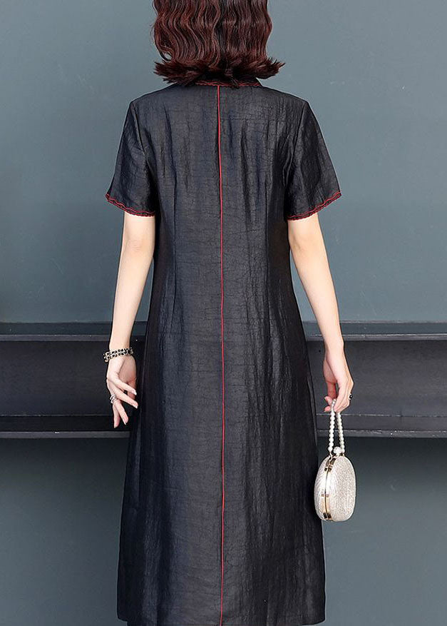 Black Peter Pan Collar Embroideried Silk Dress Summer