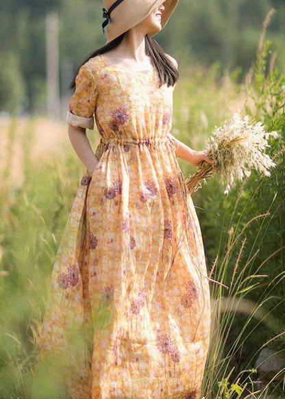 O-neck Summer Clothes Pattern Yellow Print Dress