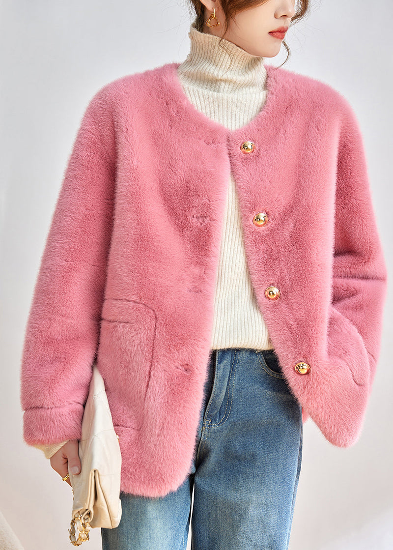 Modern Pink O-neck Pockets Button Faux Fur Jackets Winter