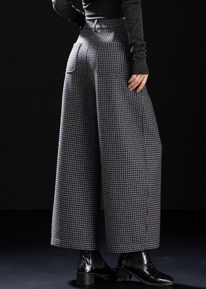 Fitted Grey Plaid Warm Fleece Wide Leg Pants Spring