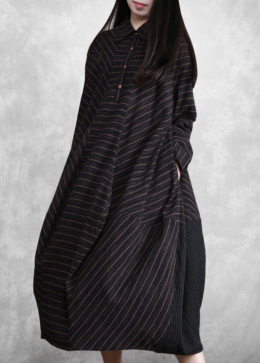 Natural Black Striped Linen Dresses Spring Gown