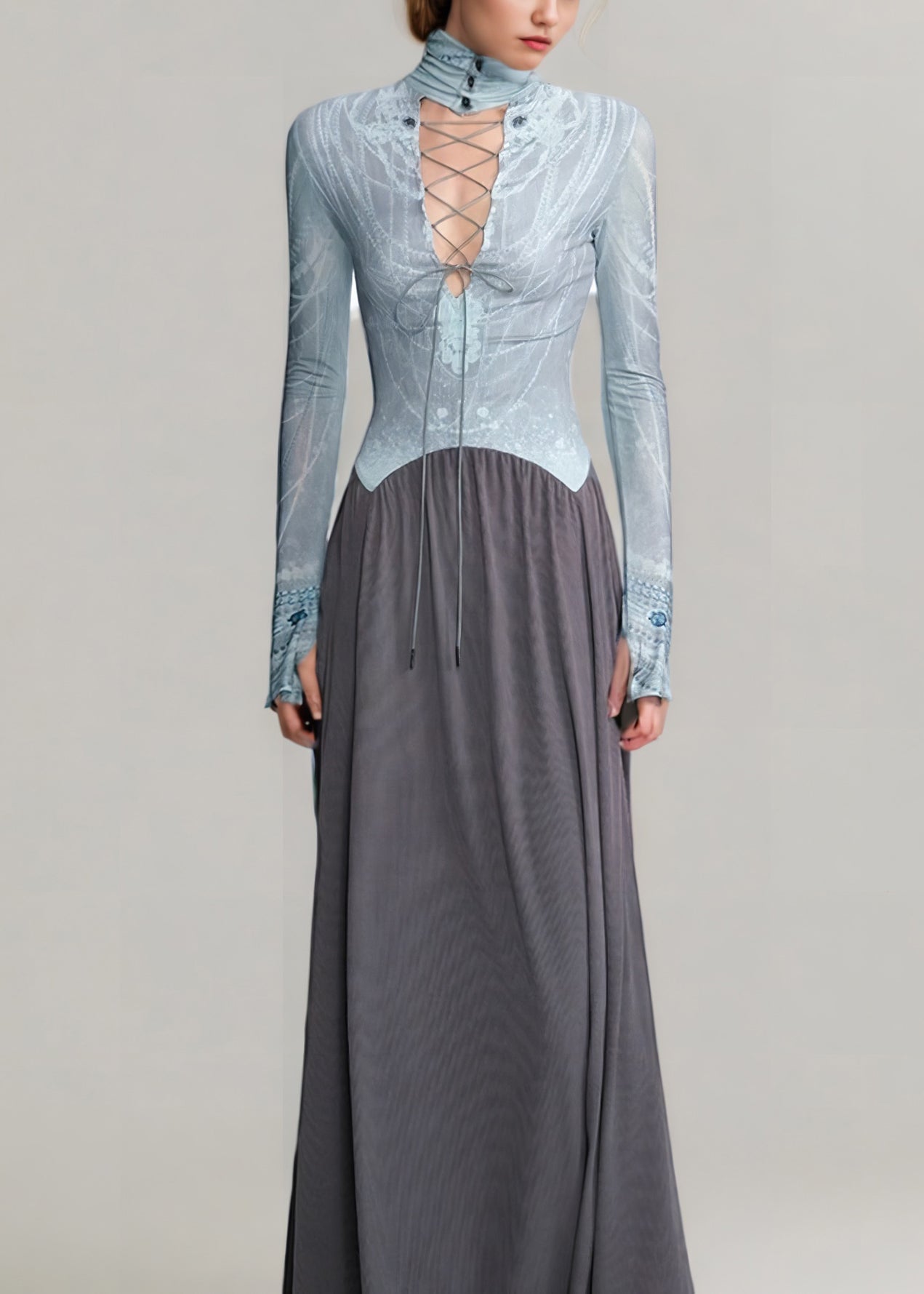 Italian Grey Lace Up Wear on Both Sides Patchwork Cotton Long Dress Fall