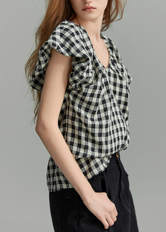 Black V Neck Plaid Shirt Short Sleeve