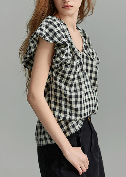 Black V Neck Plaid Shirt Short Sleeve
