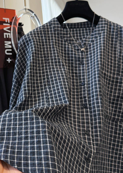 Black Plaid Stand Collar Pockets Cotton Shirt Top Fall