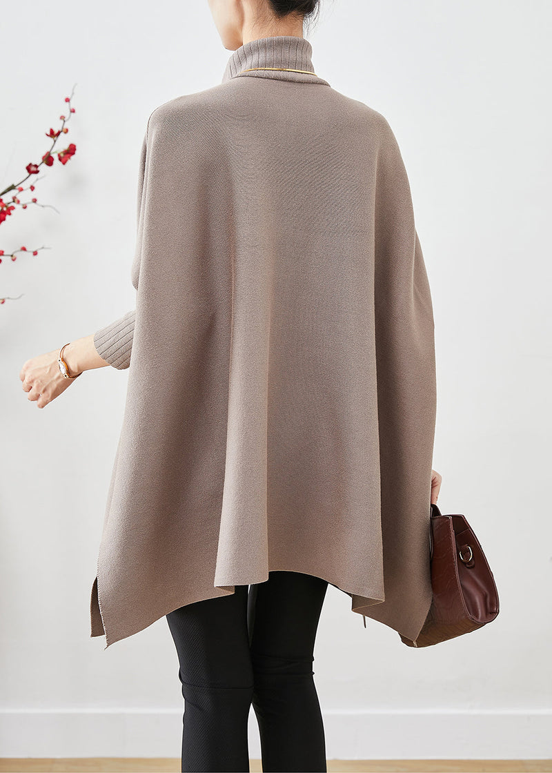 Khaki High Neck Patchwork Side Open Cotton Tops Batwing Sleeve