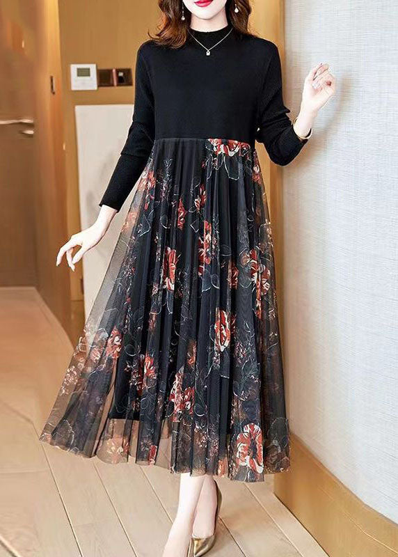 Black Stand Collar Patchwork Tulle Knit Long Dress Spring