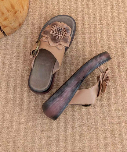Cameo Brown Handmade Cowhide Leather Wedge Thong Sandals