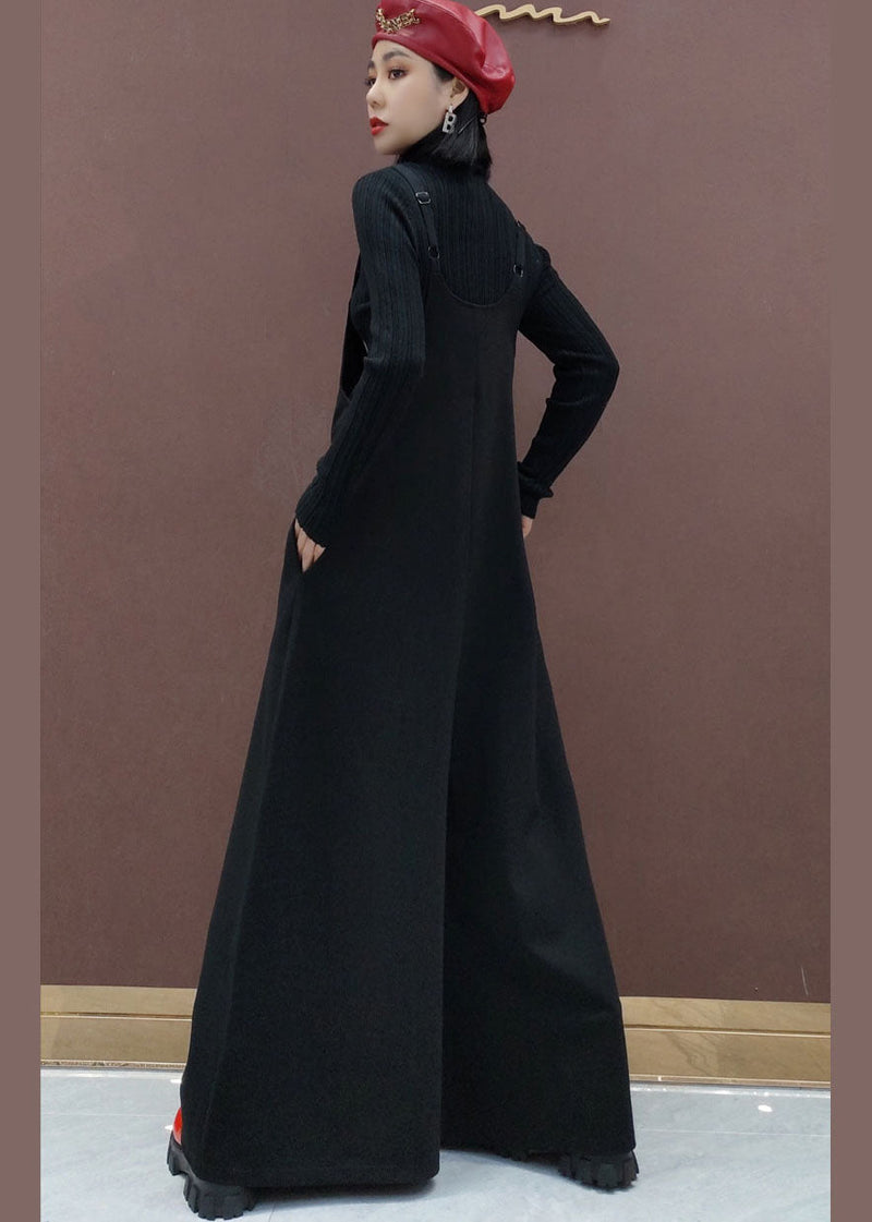 Organic Black Embroideried Wide Leg Pants Jumpsuit Spring