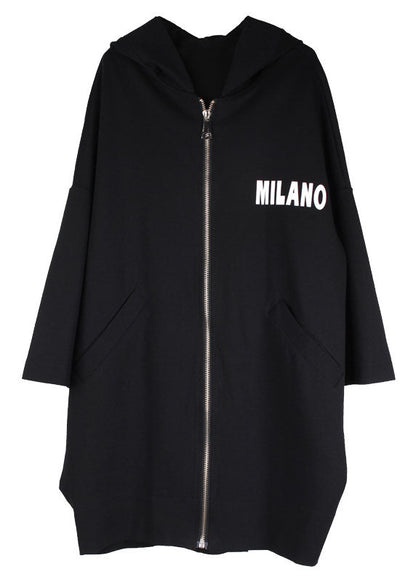 Organic Black Letter Zippered Hooded Pockets Fall Long Coat