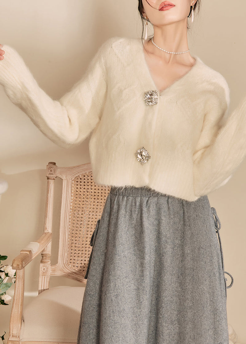 White V Neck Woolen Short Cardigans Fall