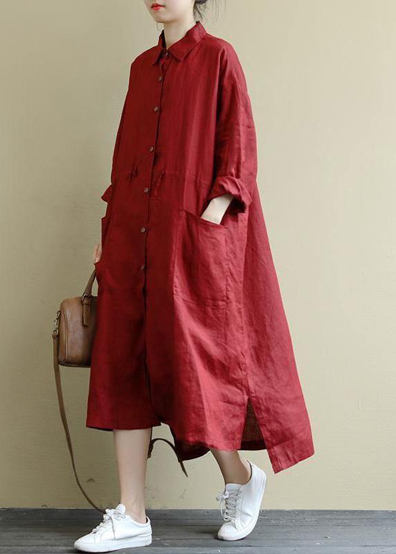 Red Linen Shirt Dress Oversize Spring Maxi Dresses