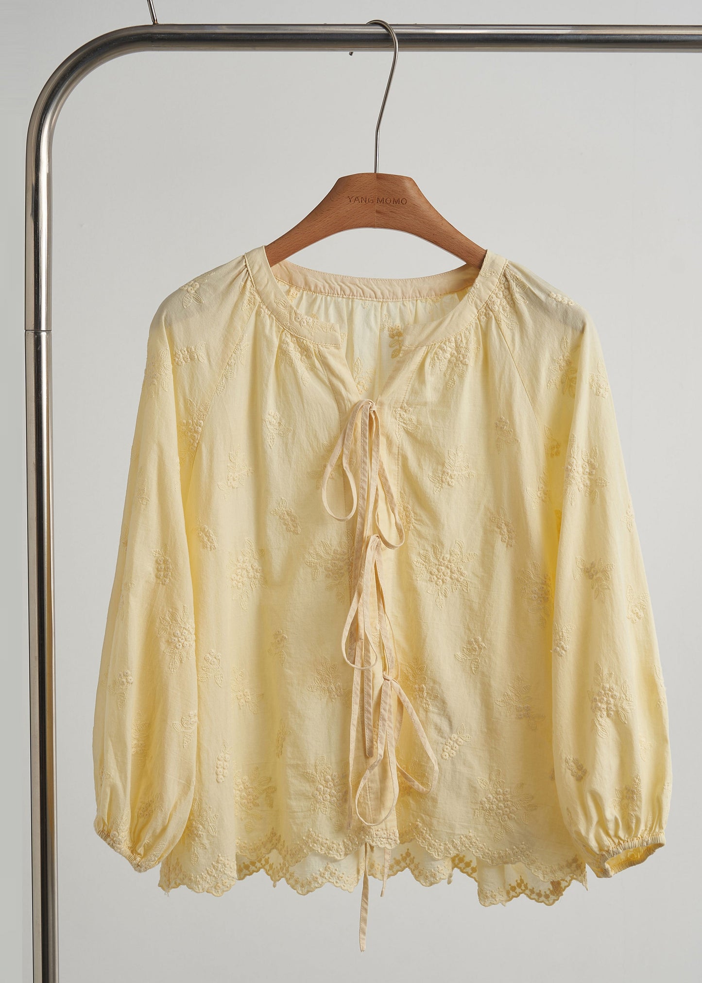 Yellow Embroidered Lace Up Cotton Shirt Top Fall