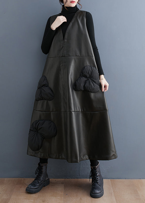 Black V Neck Stereoscopic Faux Leather Long Dress Winter