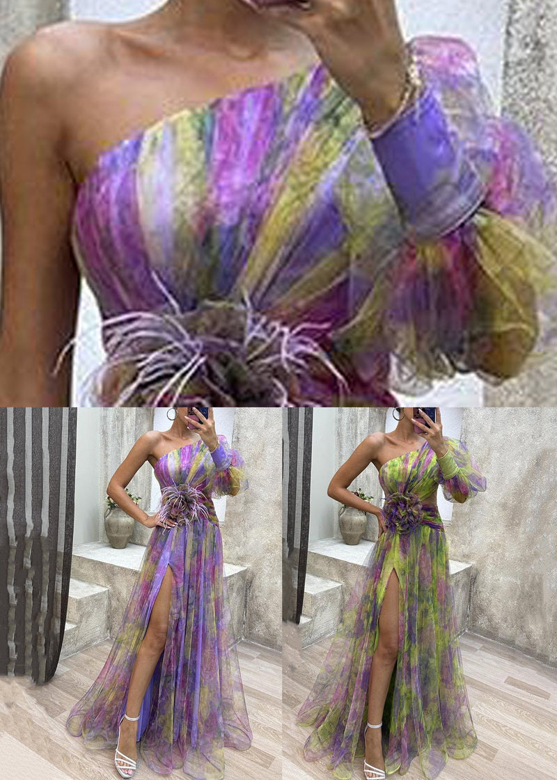 Green Asymmetrical Side Open Tulle Dress Long Sleeve Summer