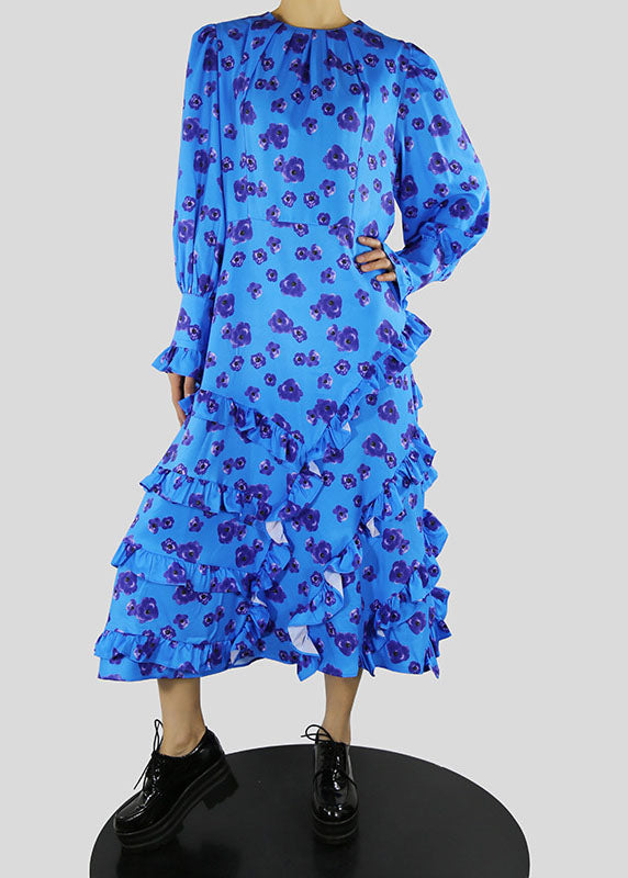 Blue O-neck Tie Waist Ruffled Print Dress Spring