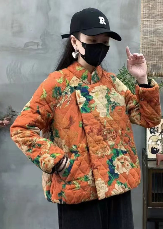 Orange Oversized Print Fine Cotton Filled Coats Winter