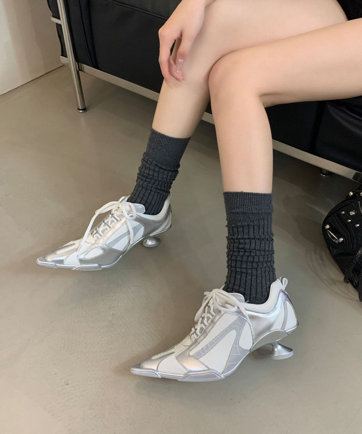 French Lace Up Splicing High Heels Silver Faux Leather