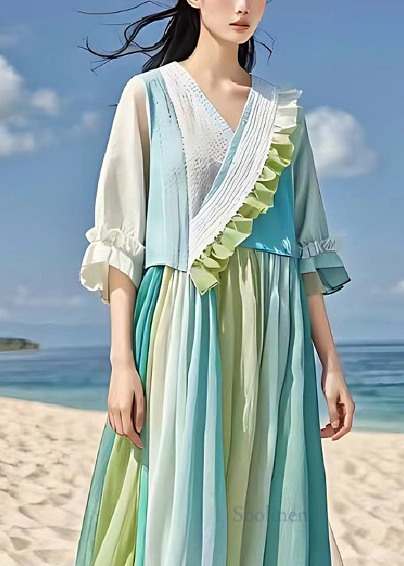 Light Blue Ruffled Patchwork Wrinkled Linen Dress Summer