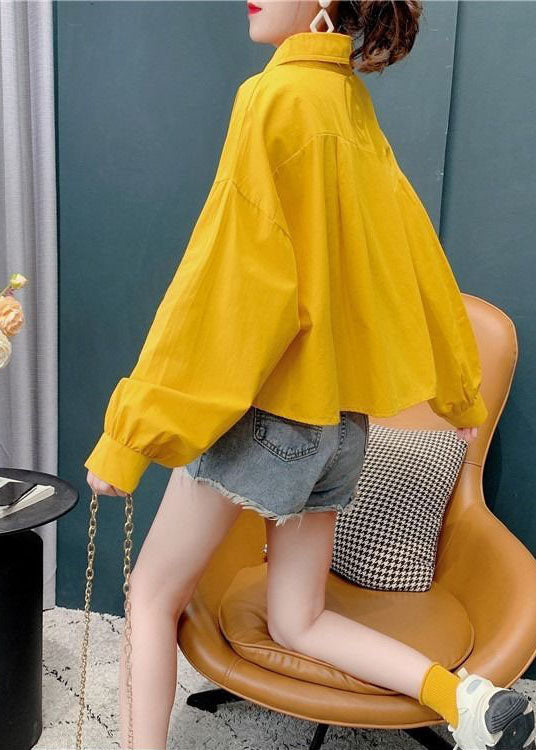 Yellow Color Pockets Cotton Blouses Batwing Sleeve