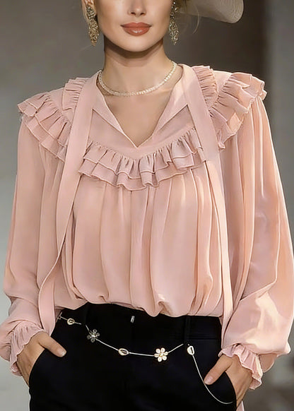 Modern Pink V Neck Ribbon Shirts Lantern Sleeve